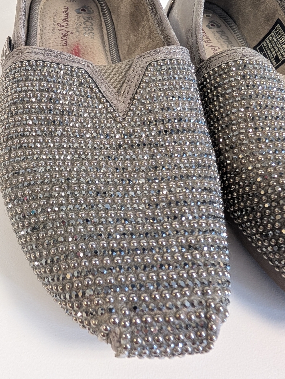 BOBS Skechers Rhinestone Slip On Flats Shoes Pewter Sparkle Memory Foam Comfy 7 - Picture 6 of 14